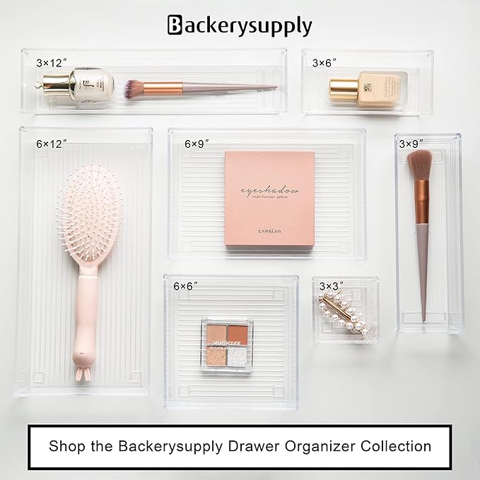 Backerysupply Clear Plastic Drawer Organizer Tray for Vanity Cabinet (6"×3"×2" Set of 8) Storage Tray for Makeup, Kitchen Jewelries and Gadgets