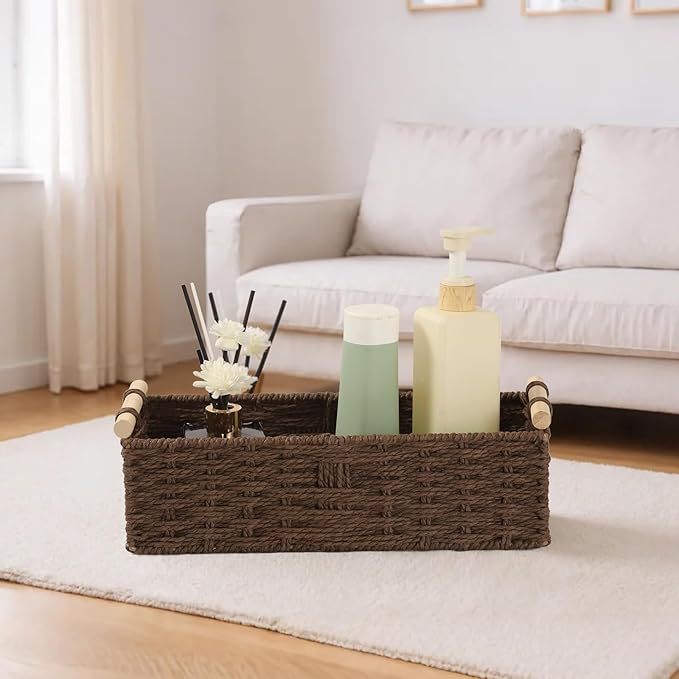 Toilet Paper Wicker Basket, Paper Rope Storage Basket with Wooden Handle, Wicker Baskets for Organizing, Decorative Storage Wicker Bins for Countertop, Small Basket Fits with Any Decor