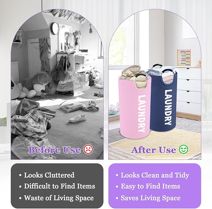 2Pcs Folding Laundry Basket for Adult, 95L Portable Laundry Baskets with Aluminum Handles, Multi-functional Dirty Clothes Hampers for Bedroom, Travel, Navy Blue + Pink