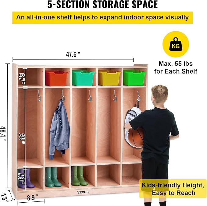 VEVOR Wooden Storage Cabinet, 5-Section Storage Locker with 10 Cubbies Shelf, Multi-Compartment Cubby Shelf with 5 Hooks for School, Classroom, Daycare, Home and Preschool