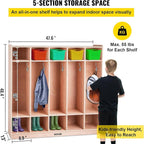 VEVOR Wooden Storage Cabinet, 5-Section Storage Locker with 10 Cubbies Shelf, Multi-Compartment Cubby Shelf with 5 Hooks for School, Classroom, Daycare, Home and Preschool