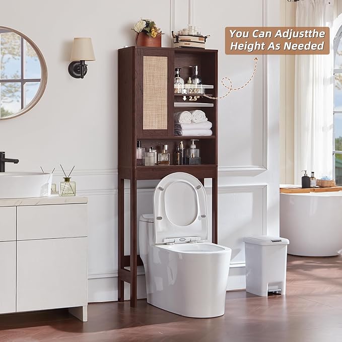LEYAOYAO Rattan Over The Toilet Storage Cabinet, Farmhouse Over Toilet Bathroom Organizer with Sliding Door, 68" Tall Freestanding Washer Shelf with Adjustable Shelf & Curved Profile, Walnut