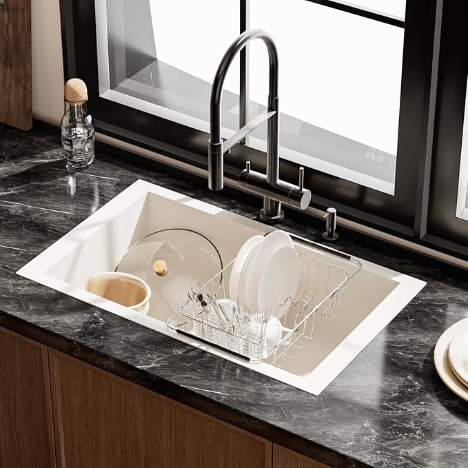 Stainless Steel Dish Drying Rack(15" L X 11" W X 4.1" H), Expandable Drain Rack Over Sink, Dish Drainer Rack in Sink, with Stainless Steel Utensil Holder & 4 Hooks Cup Hanger