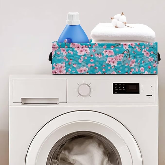 Narrow Storage Baskets Organizer for Toilet Paper Rolls Towels, Fabric Organizer Basket with Handles Collapsible Storage Bin for Bathroom Living Room Office, Pink Peach Blossom Blue