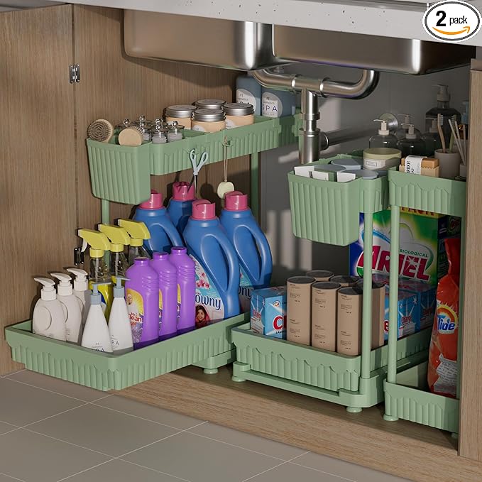 3 Pack Multi-Purpose Under Sink Organizers and Storage, 2026 L-Shaped Pull Out Cabinet Organizer for Bathroom & Kitchen, Under Cabinet Organizer with Hooks Hanging Cup (Green, 14.85 inch)