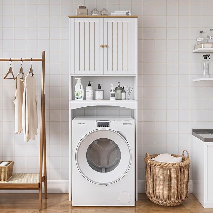 Over The Toilet Storage Cabinet for Small Bathrooms, Freestanding Space Saver with Double Doors & 2 Fixed Shelves, Stable Wood Organizer with Anti-Tip Kit, Fits 33-Inch Clearance, White