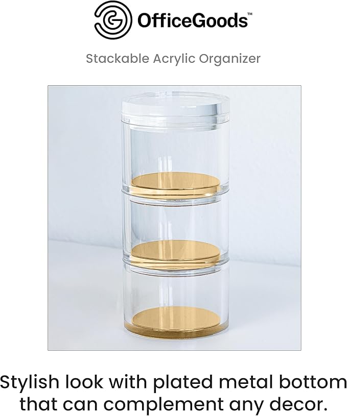 OfficeGoods 3-Tier Stackable Acrylic Holder- Stylish Desk Organizer and Storage for Office or Home – Transparent Round Design with Gold Metal Base