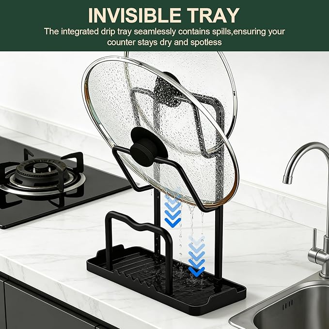 Kitchen Pot Lid Storage Rack: Carbon Steel 2 Pot Lid Organizer While Cooking, Multifunctional Kitchen Pot Lid Holder with Tray, Space-Saving Countertop Organizer Storage for Cutting Boards (Black)