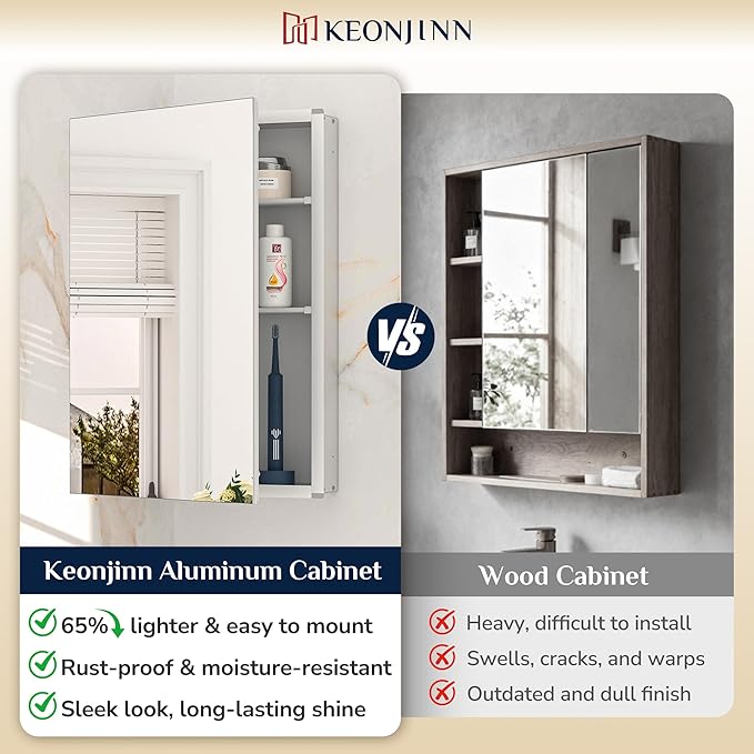 Keonjinn 40 x 32 Inch Large Medicine Cabinet for Bathroom, Silver Lightweight Combined Double Doors Mirrored Cabinet, Assembly Needed, Recessed or Wall Mount, Flexiable Ample Storage, Soft Closing