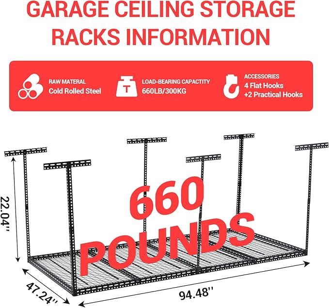 Garage Storage Rack 4x8 ft Overhead Ceiling Mounted Storage Racks Adjustable Garage Storage Organization of Heavy Duty Metal 600Lbs Weight Capacity