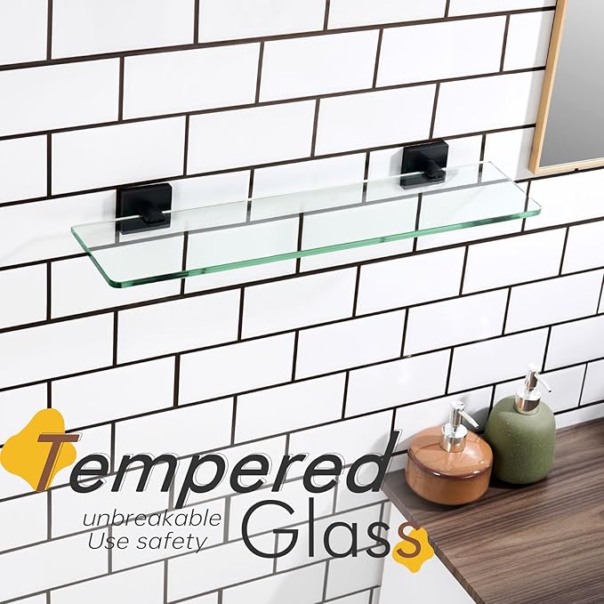 KOKOSIRI Bathroom Shelves Wall Mount Tempered Glass Floating Shelf 20-Inch Kitchen Hanging Rack Shower Storage, 2 Pack Black Stainless Steel B1107BK-L20-P2