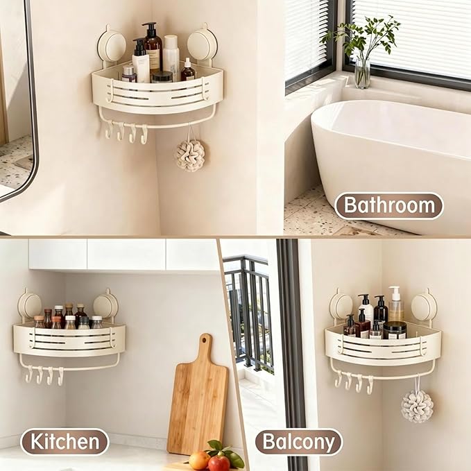 No-Drilling Corner Suction Cup Shower Caddy(1-Pack Cream White),Rust-Proof and Durable Bathroom Organizer with Towel Bar & Hooks,Modern Large-Capacity Wall-Mounted Shower Shelf