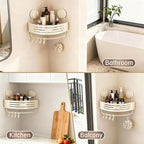 No-Drilling Corner Suction Cup Shower Caddy(1-Pack Cream White),Rust-Proof and Durable Bathroom Organizer with Towel Bar & Hooks,Modern Large-Capacity Wall-Mounted Shower Shelf