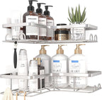 Corner Shower Caddy - 2 Pack, Adhesive Shower Organizers, Rustproof Stainless Steel Shower Shelves with 8 Hooks, No Drilling Bathroom Organizers and Storage Racks, Space-Saving, Silver, Large