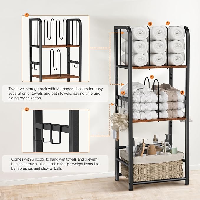 Snughome Towel Rack Free Standing 3-Tier M-Shaped Detachable Dividers, Metal Towel Storage Shelf for Bathroom, Pool Towel Rack Holder, Space-Saving Storage Organizer, Modern Bath Towel Storage Holder