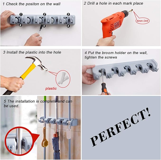 Broom Hanger Wall Mount Broom and Mop Organizer Wall Hanging Garden Tool Organizers Rack Garage Laundry Room Organizations and Storage with Hooks Heavy Duty