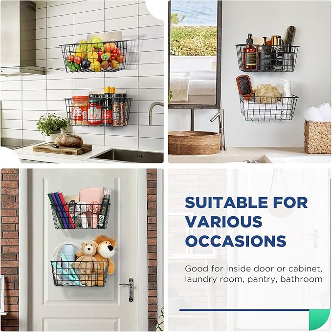 2 Pack Hanging Wall Basket Wire Storage Baskets, Adhesive Basket for Cabinet Door Organizer(2 Wall Mounting Options), Hanging Fruit Baskets for Kitchen, Pantry Organization, Bathroom, Black