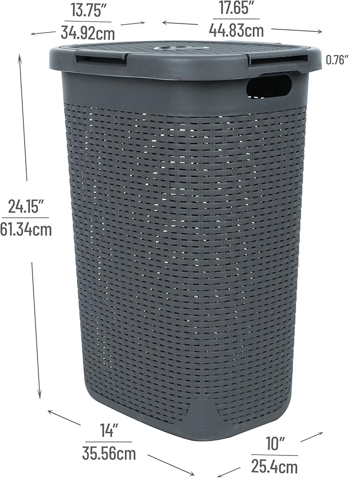 Mind Reader 60L Slim Laundry Hamper, Clothes Basket, Lid, Wicker Style, Plastic, 17.65"L x 13.75"W x 24.15"H, Set of 2, Gray
