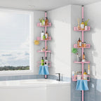 HAMITOR Corner Shower Caddy Tension Pole: Quick Installation 4-Tier Rustproof Bathroom Organizer Shelves for Bathtub Shampoo Storage - 47-121 inch Adjustable Floor Standing Bath Rack Holder - Pink