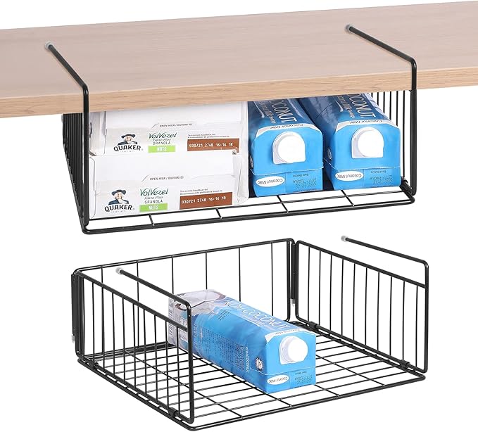 SUFAUY 2-Pack Under Shelf Basket, Under Cabinet Storage Hanging Organizer Holds up to 22lbs, Add Shelves for Storage for Pantry Closet, 11.3“d x 12.3" w, Black