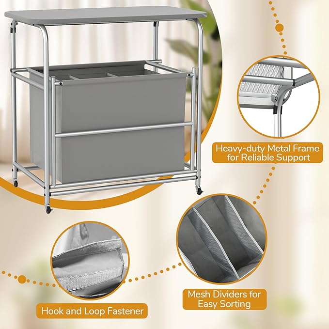 COSTWAY Laundry Hamper with Ironing Board, 3 Section Tilt Out Laundry Cart with 3 Separated Removable Bags, Lockable Wheels, Heavy-Duty Laundry Sorter Clothes Basket Organizer for Bedroom, Bathroom