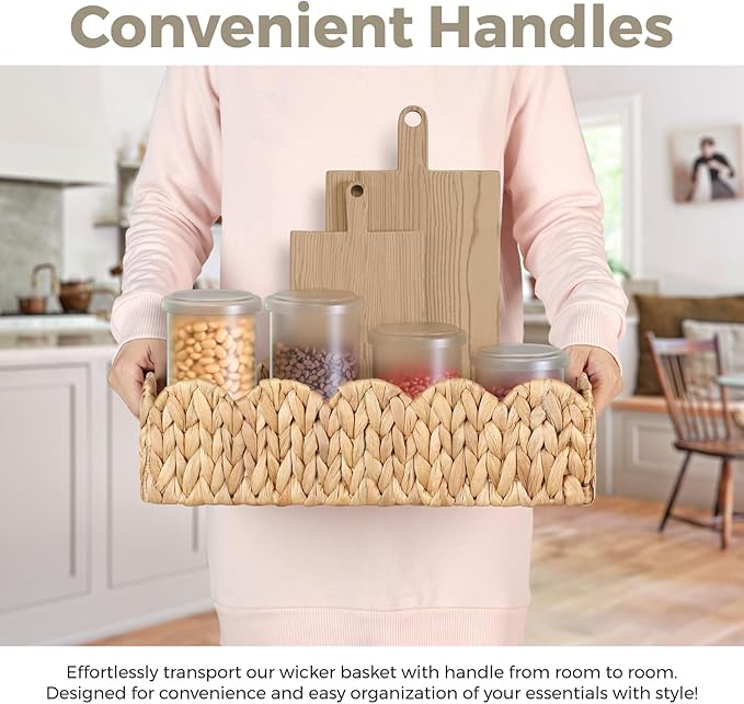 2Pcs Toilet Tank Basket for Bathroom, Handwoven Water Hyacinth Scalloped Countertop Storage Basket, Scalloped Edge Wicker rectangle Basket for Toilet Paper Baskets, Vanity, Entryway or Living Room ...