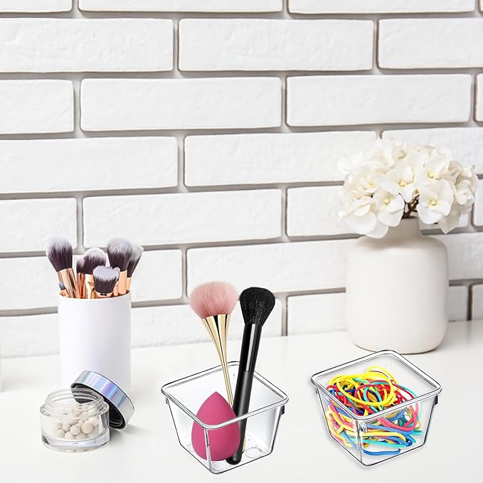 8 PCS Stackable Clear Drawer Organizers 3" x 3" x 2" Square Trays Small Makeup Vanity Storage Bins Clear Desk Drawer Organization Container Dividers for Office Bathroom Kitchen Utensil