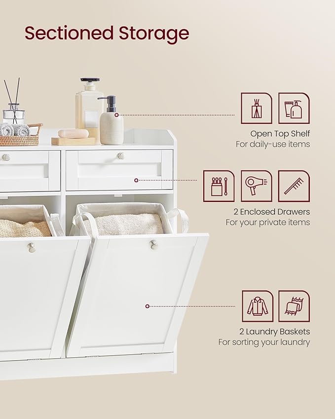 VASAGLE Laundry Cabinet with Tilt-Out Basket, Freestanding Storage Unit with Drawer and Laundry Hamper, for Bathroom, Living Room, 15.8 x 31.1 x 31.5 Inches, Cloud White UBBC751W01