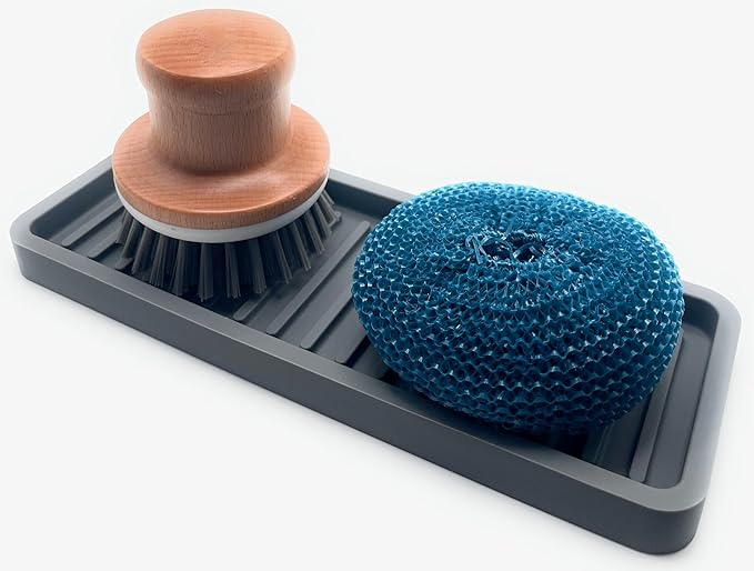Happitasa Silicone Kitchen Sink Organizer Tray, Sponge Holder and Countertop Protector | Bathroom and Kitchen Soap Dish and Dispenser Tray (Grey, 9"x3.5", 5.6 Ounces)