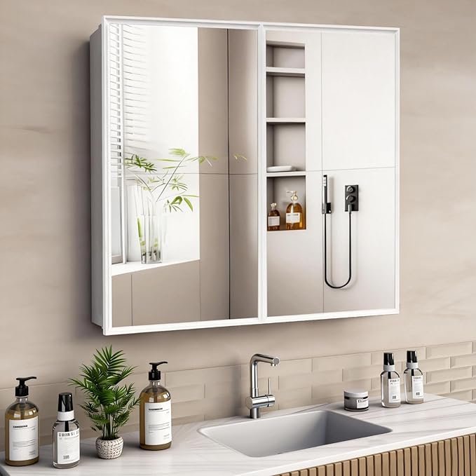 26 x 32 inch, Bathroom Medicine Cabinet, Double Mirror Doors, Bathroom Recessed Cabinet, Platstic Framed with Double Doors Wall Cabinet, Removable Glass Shelves, Recessed or Surface Mount