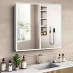 26 x 32 inch, Bathroom Medicine Cabinet, Double Mirror Doors, Bathroom Recessed Cabinet, Platstic Framed with Double Doors Wall Cabinet, Removable Glass Shelves, Recessed or Surface Mount