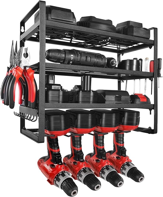 VEVOR Power Tool Organizer Wall Mount, 4-Layer Storage Rack with 4 Drill Holders, Tools Holder and Storage Rack with Screwdriver Holder, Garage Tool Organizer for Garage, Workbench, and Workshop
