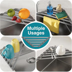 Corner Sink Drying Rack, 16"x9.5" Rust-Proof Aluminum Triangular Dish Drainer, Heat Resistant Roll Up Mat for Kitchen Counter, Sponge Holder & Organizer with Non-Slip Silicone Base, Gray