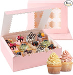 12 Count Cupcake Boxes, 4PCS Cupcake Container with Window, Food Grade Cupcake Holder for Birthday Holiday Party, Bakery Supplies for Cupcakes, Desserts, and More (Pink)