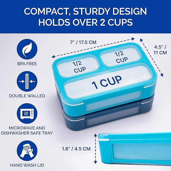Small Snack Containers for Kids Toddlers - 3 Compartments (Set of 2) - Leak-proof Reusable Snack Boxes with Lids - BPA-Free Mini Bento Lunch Box - Ideal for School, Daycare, Holds 2 Cups (Navy + Blue)