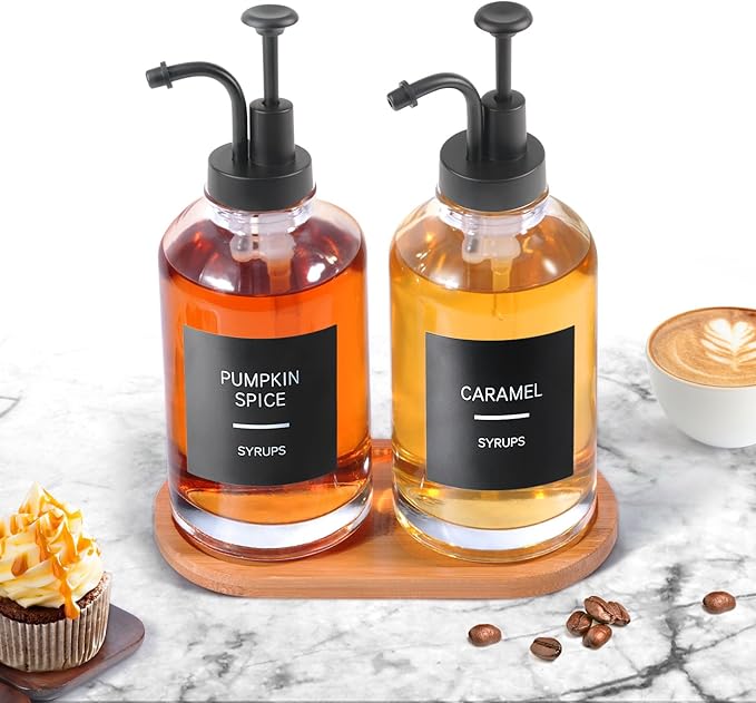 Coffee Syrup Dispenser for Coffee Bar, Set of 2 Simple Glass Syrup Bottle w. Pump and Labels, 16.9 oz 500ml Syrup Pump Dispenser, Syrup Dispenser Black