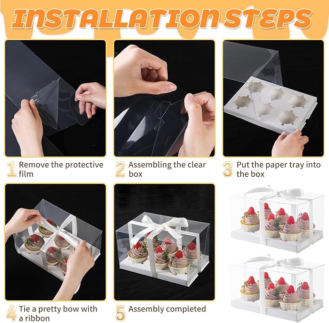 JCD 5.5inches height 8 Pack Clear Cupcake Boxes 6 Count Cupcake Containers with Gift Ribbon, Rectangle Cupcake Holder for Treats, Dessert Boxes, Muffins (6count/8pcs)