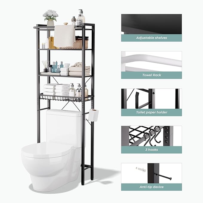 Over-The-Toilet Storage Shelf, 4-Tier Bathroom Organizer Shelf, Freestanding Space Saver Shelves Over Toilet with Adjustable Shelf for Bathroom, Black