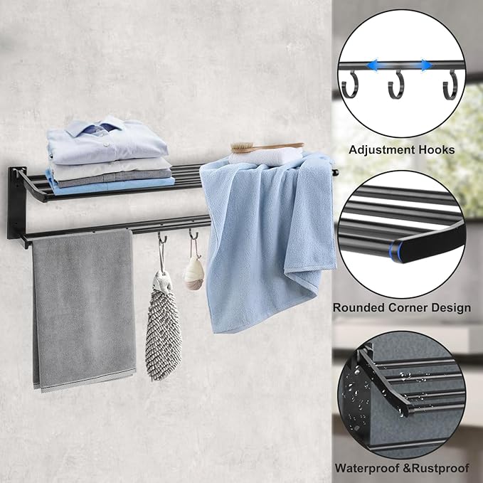 Towel Racks for Bathroom Wall Mounted, 24 Inch Foldable Towel Holder with 5 Movable Hooks,Rustproof Towel Organizer for Bathroom Lavatory Hotel Bath Matte Black