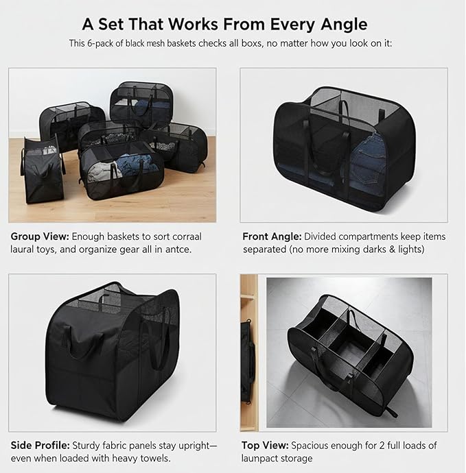 Pop Up Laundry Hamper,Collapsible Laundry Baskets,6-Piece Tear-proof Laundry Basket,Laundry Basket with enhanced handle oldable Mesh Storage Bin for Home, Dorm, Travel (Black)