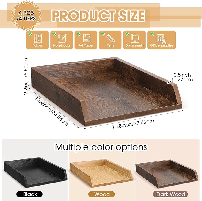 2 Pcs Wooden Letter Trays Wood Letter-Size Desk Organizer Heavy Duty 2 Tier Stackable Supports Paper Tray Desktop Drawer Organizer File Folder Magazine Office Accessories (Dark Wood)
