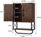 RUSTOWN Farmhouse Rustic Medicine Cabinet with Two Barn Door,Wood Wall Mounted Storage Cabinet with Adjustable Shelf and Towel Bar, 3-Tier Cabinet for Bathroom(Dark Walnut)