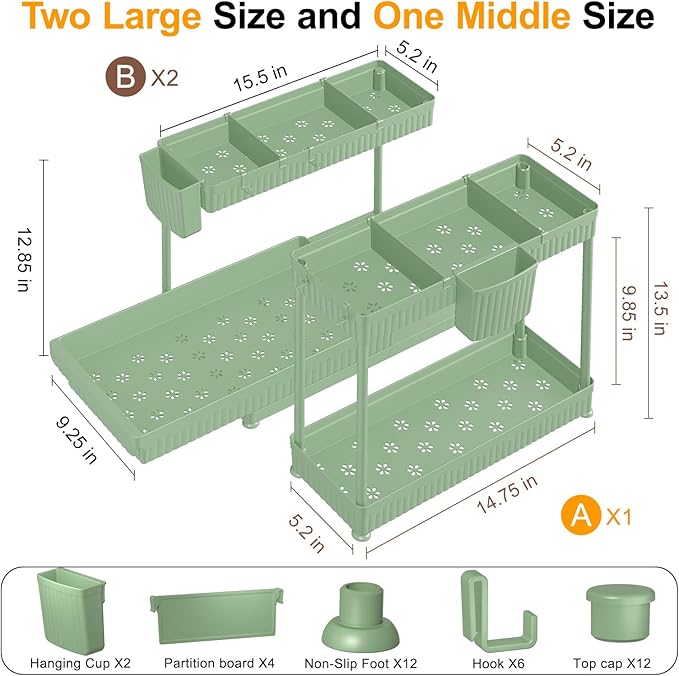 3 Pack Multi-Purpose Under Sink Organizers and Storage, 2026 L-Shaped Pull Out Cabinet Organizer for Bathroom & Kitchen, Under Cabinet Organizer with Hooks Hanging Cup (Green, 12.85 inch)