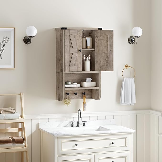 Bathroom Wall Cabinet, Farmhouse Medicine Cabinet with Adjustable Shelf, 3-Tier Wall-Mounted Storage Cabinet with 3 Hooks and Open Shelf, for Bathroom, Living Room, Kitchen, Greige