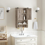 Bathroom Wall Cabinet, Farmhouse Medicine Cabinet with Adjustable Shelf, 3-Tier Wall-Mounted Storage Cabinet with 3 Hooks and Open Shelf, for Bathroom, Living Room, Kitchen, Greige