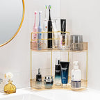 Upgraded 2-Tier Corner Bathroom Countertop Organizer – Spacious Storage for Makeup, Skincare & Perfumes, Built-in Brush Holder Fits Vanity/Dresser/Bsthtub (Vintage Gold)