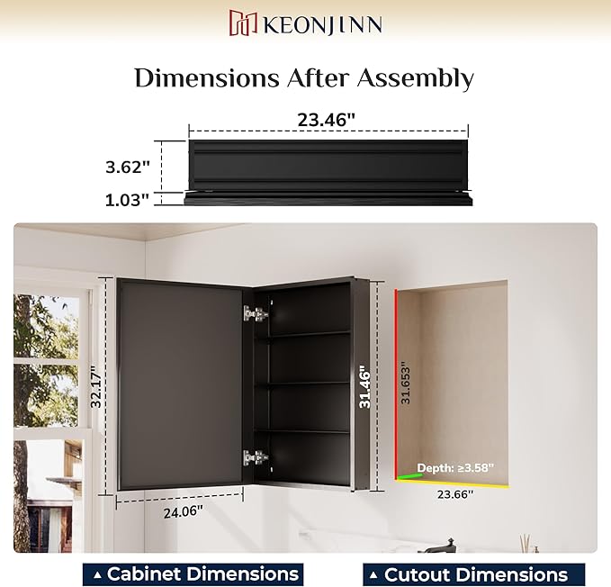 Keonjinn Black Medicine Cabinet Mirror 24" x 32", Assembly Needed, Recessed Medicine Cabinet with Mirror for Bathroom, Beveled Framed, Surface Wall-Mounted or Recessed, Tempered Glass