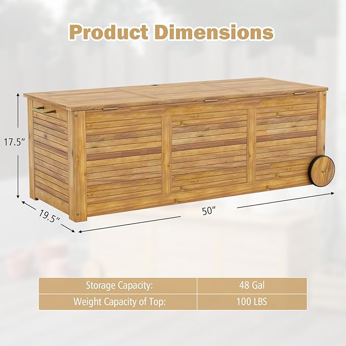 Tangkula 48 Gallon Outdoor Storage Box with Wheels and Waterproof Cover, Patio Wood Deck Box with Side Handle, for Poolside, Garden, Balcony, Yard and Outside