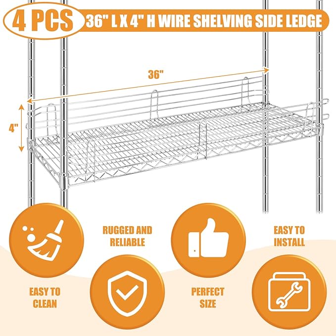 4 Pcs Chrome Wire Shelf Ledge 36 L x 4 H Wire Shelving Side Ledge Metal Shelves Accessories Pantry and Garage Storage (Silver)