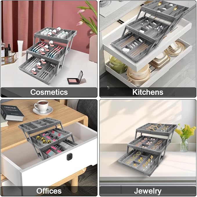 Abnaok 3 Tier Drawer Organizer Multi Level Collapsible Expandable Desk Organizer Trays for Office Supplies, Kitchen Gadgets Utensils, Vanity, Makeup, Jewelry